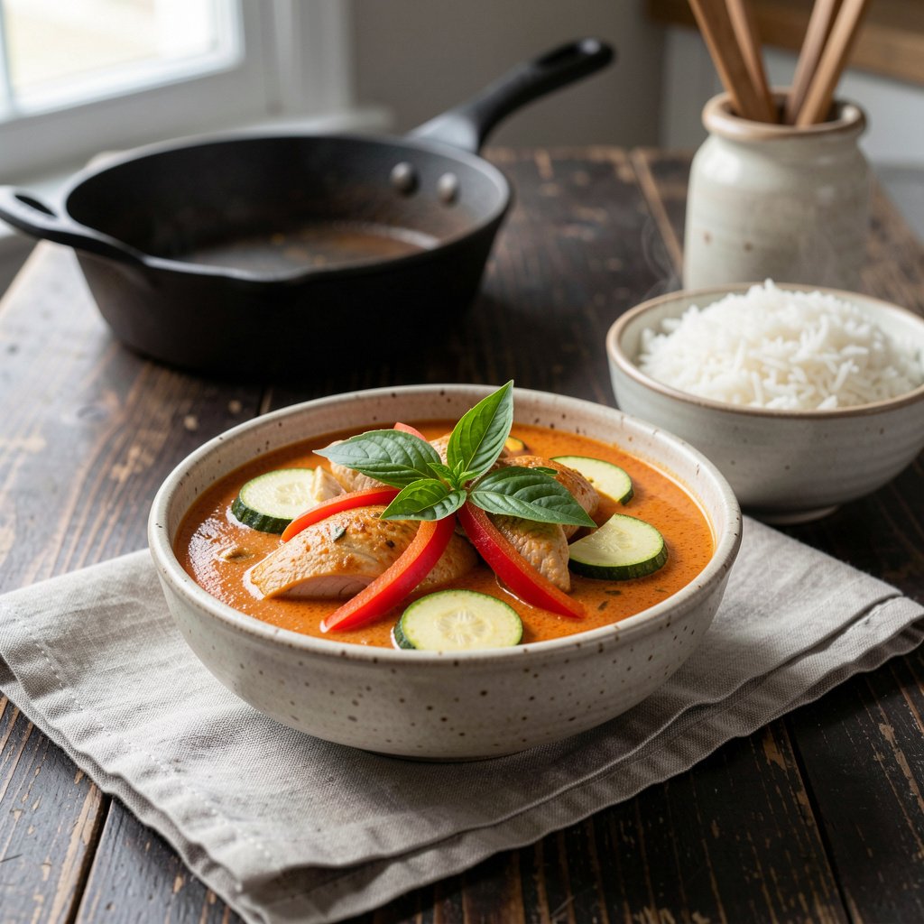 Gluten-Free Thai Coconut Red Curry with Chicken Easy Gluten-free chicken curry with jasmine rice in a nice serving dish