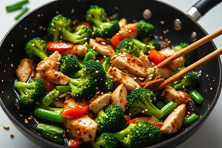 Garlic-Ginger Chicken & Broccoli Stir-Fry (No Cornstarch) Diabetic friendly garlic ginger chicken stir fry in a cast iron pan