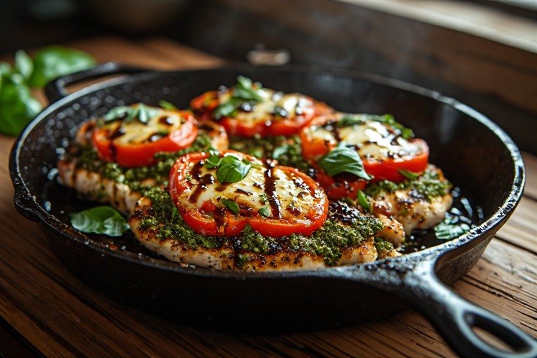 Baked Caprese Chicken Skillet Easy Gluten-Free Chicken Caprese Skillet Dinner in a cast iron pan fresh from the oven