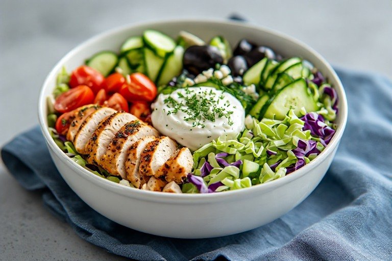 Greek Chicken & Cabbage Slaw Power Bowls Easy Diabetic Friendly Greek chicken and cabbage slaw in a bowl
