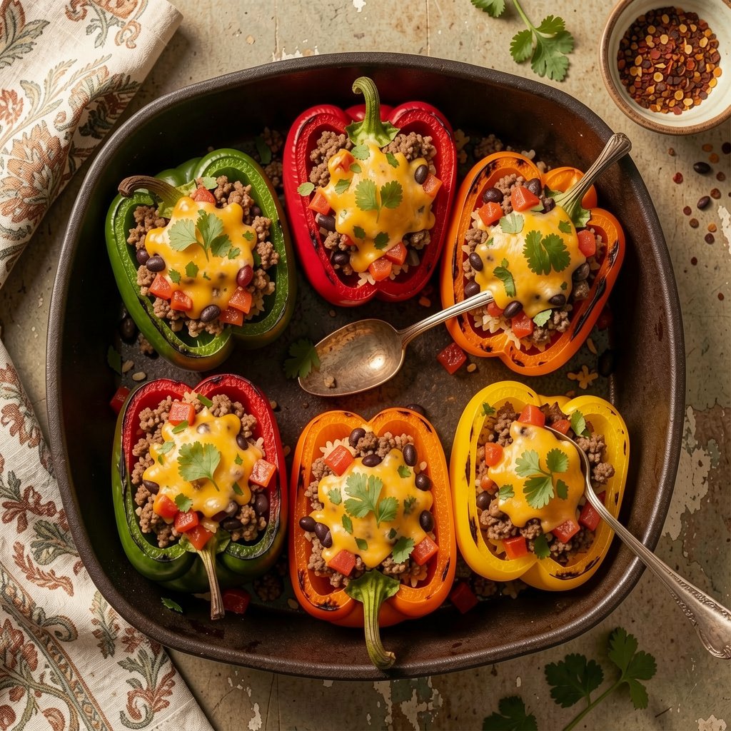 Colorful Gluten-Free Stuffed Bell Peppers Colorful Gluten-Free stuffed peppers in a baking dish