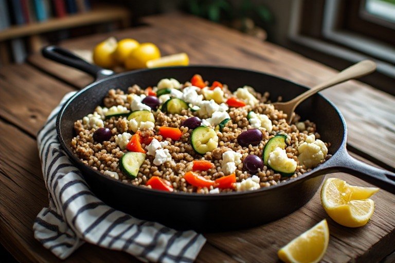 Mediterranean Turkey & Cauliflower Rice Skillet Diabetic Friendly easy turkey sausage and cauliflower rice skillet